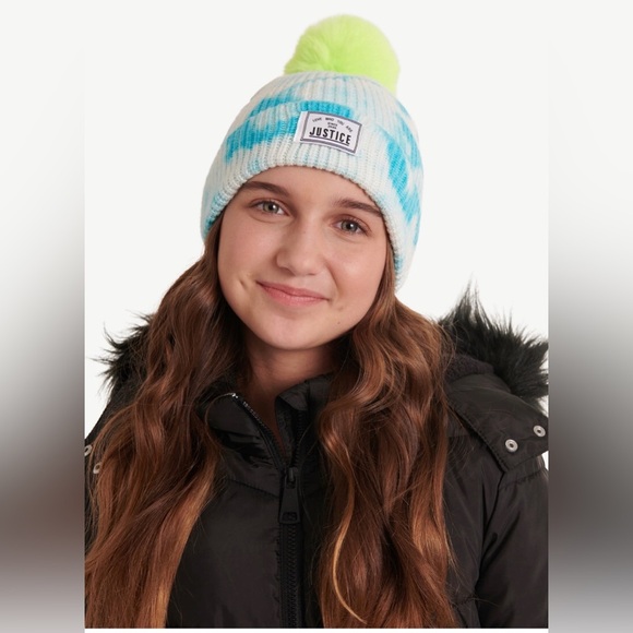 2pack Justice Girls’ faux fur pom pom ombre Tie Dye & fair isle look beanies new - Picture 5 of 11